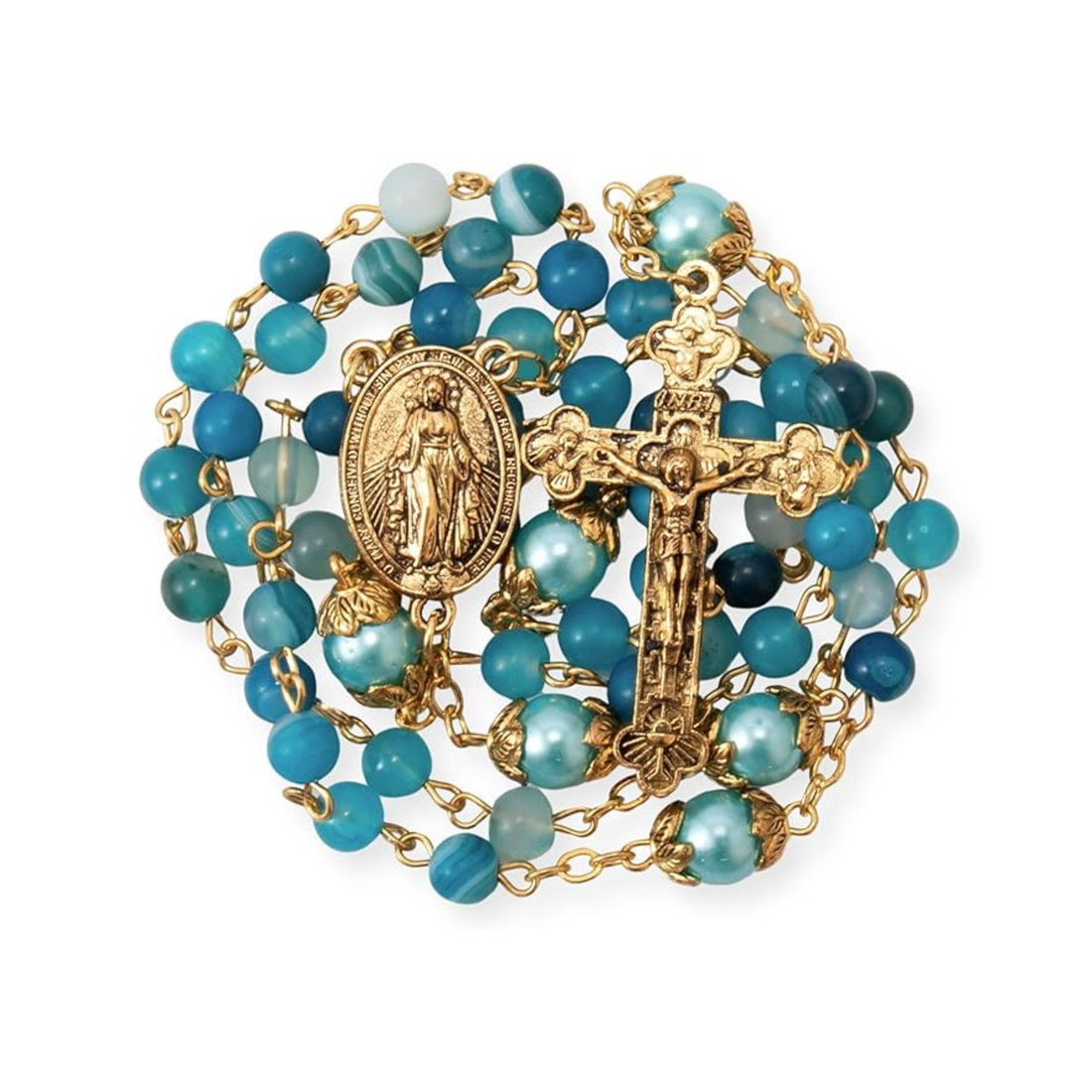 Matte Stone & Pearl Round Beads Rosary Gold Necklace Miraculous Medal & Cross Nazareth Store