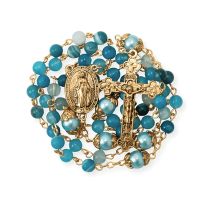 Matte Stone & Pearl Round Beads Rosary Gold Necklace Miraculous Medal & Cross - Nazareth Store