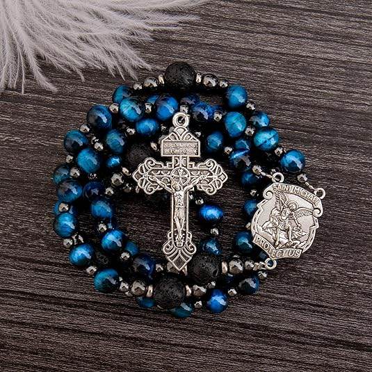 Men's Blue Tiger Eye Rosary with Lava Beads Saint Michael Medal & Cross – Gift Box Included - Nazareth Store