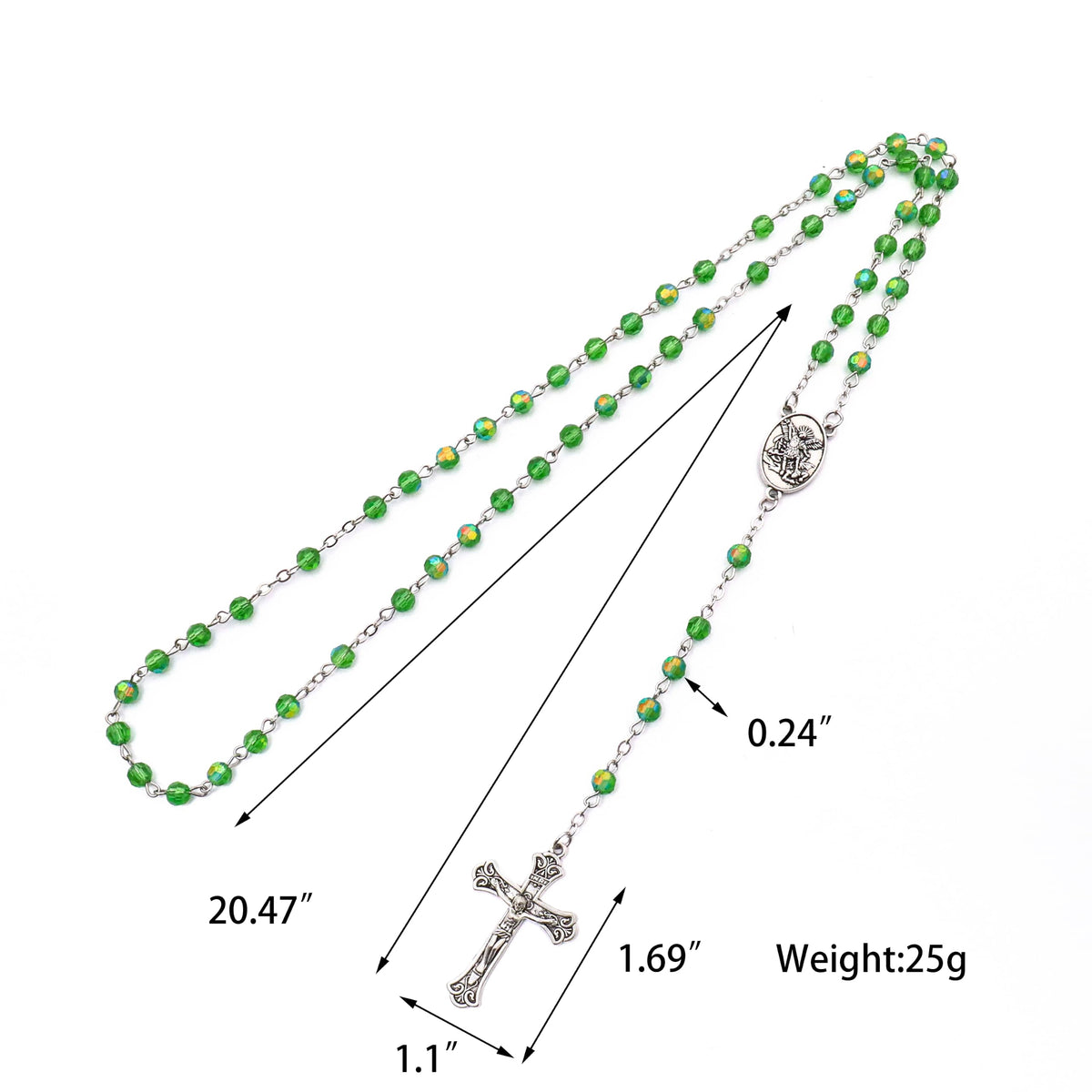 Green Crystallized Glass Beads Rosary Necklace with St. Michael Medal & Crucifix Handmade Christian Prayer Beads for Men & Women Catholic Religious Gift