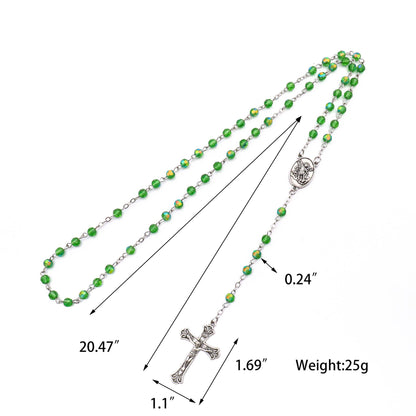 Green Crystallized Glass Beads Rosary Necklace with St. Michael Medal & Crucifix Handmade Christian Prayer Beads for Men & Women Catholic Religious Gift