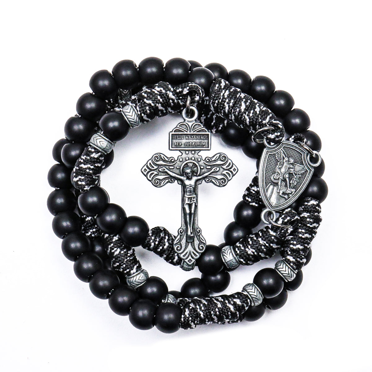 Men's Black Beaded Antique Black & White Paracord Rosary Necklace with Silver St. Michael Medal & Pardon Crucifix