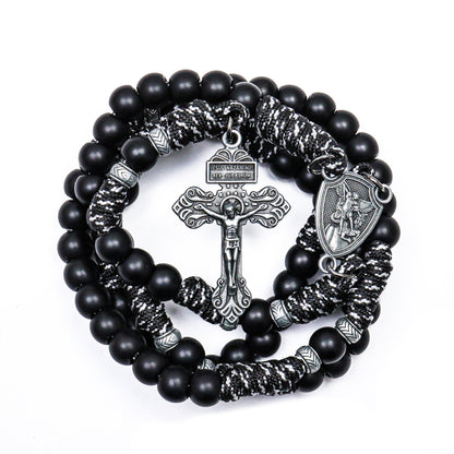 Men's Black Beaded Antique Black & White Paracord Rosary Necklace with Silver St. Michael Medal & Pardon Crucifix