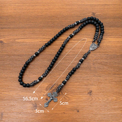 Men's Black Beaded Antique Black & White Paracord Rosary Necklace with Silver St. Michael Medal & Pardon Crucifix