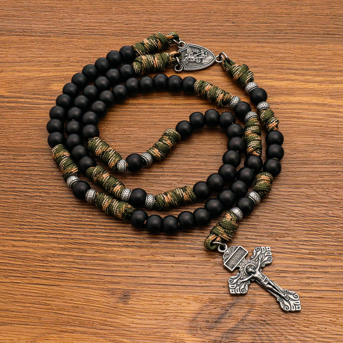  Men's Black Beaded Antique Green & Brown Paracord Rosary Necklace with Silver St. Michael Medal & Pardon Crucifix