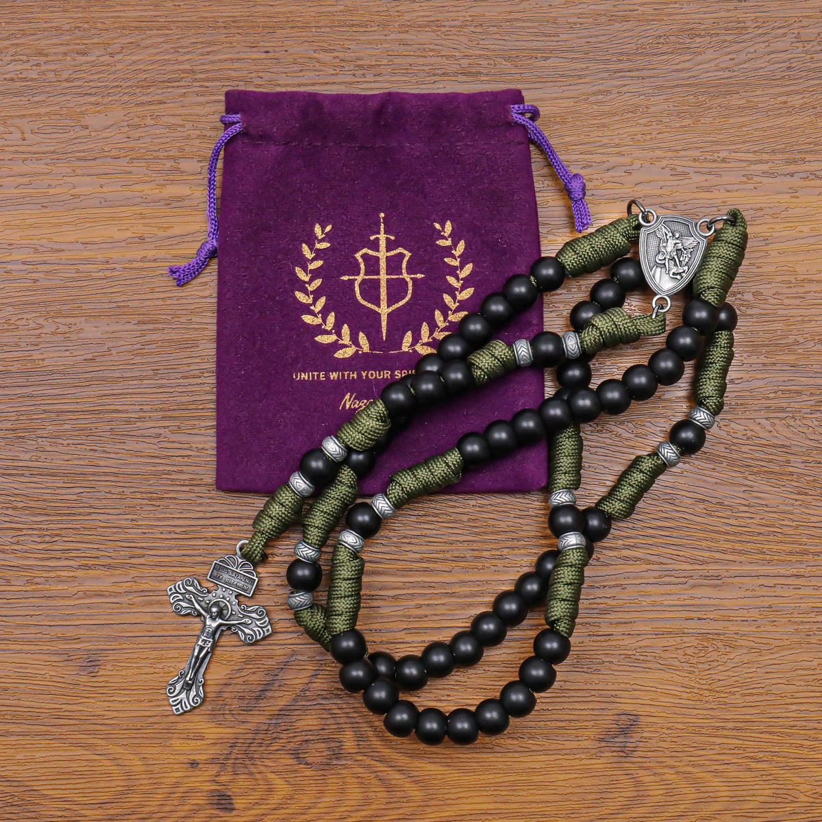 Men's Black Beaded Antique Olive Green Paracord Rosary Necklace with Silver St. Michael Medal & Pardon Crucifix