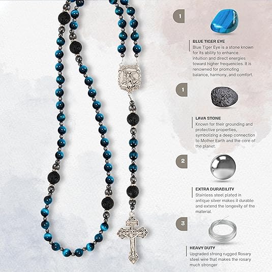Men's Blue Tiger Eye Rosary with Lava Beads Saint Michael Medal & Cross Nazareth Store
