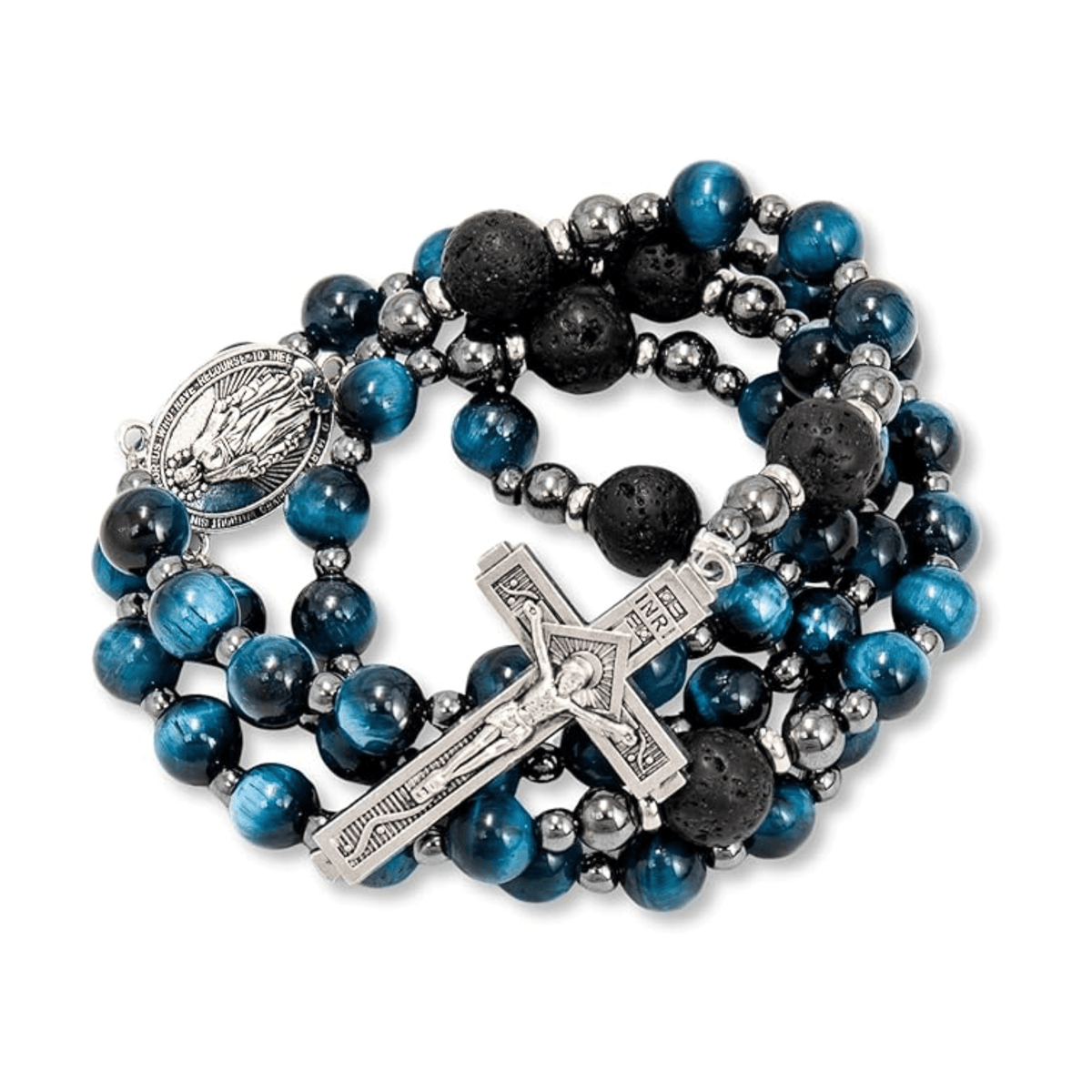 Men's Blue Tiger Eye with Lava Beads Miraculous Medal & Cross
