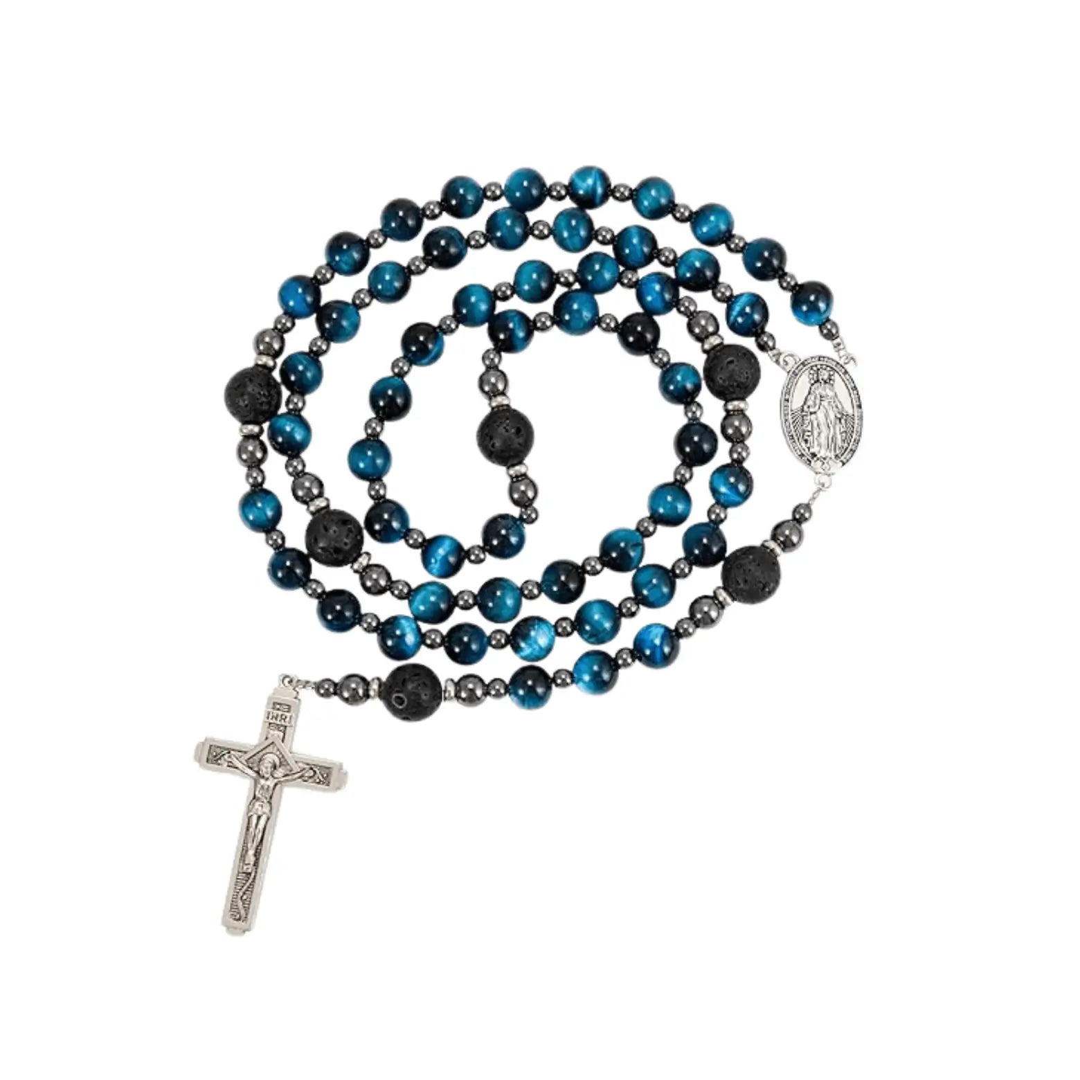 Men's Blue Tiger Eye Rosary with Lava Beads Miraculous Medal & Cross Rosary Necklace - Nazareth Store