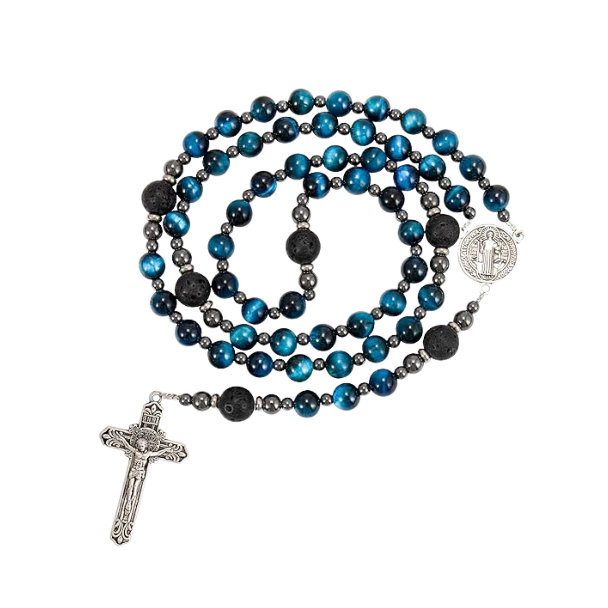 Men's Blue Tiger Eye Rosary with Lava Beads St. Benedict Medal & Cross