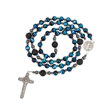 Men's Blue Tiger Eye Rosary with Lava Beads St. Benedict Medal & Cross