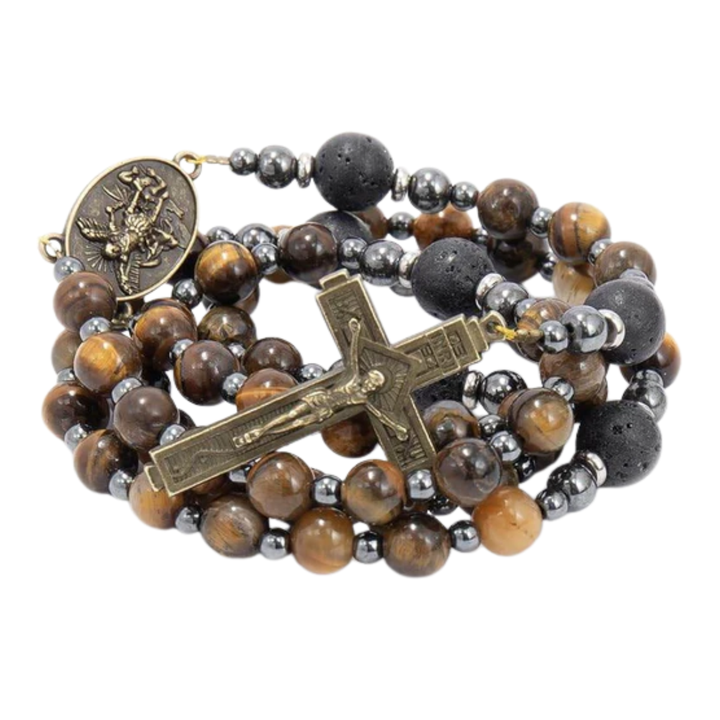 Brown Tiger Eye Catholic Rosary with St. Michael Medal & Cross Necklace