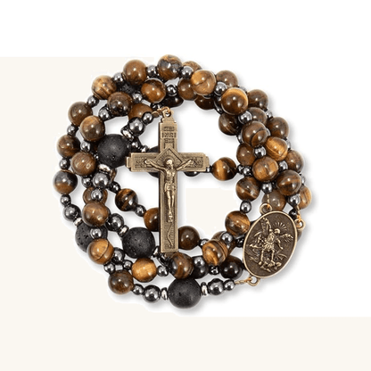 Men's Brown Tiger Eye Catholic Rosary with St. Michael Medal & Cross - Nazareth Store
