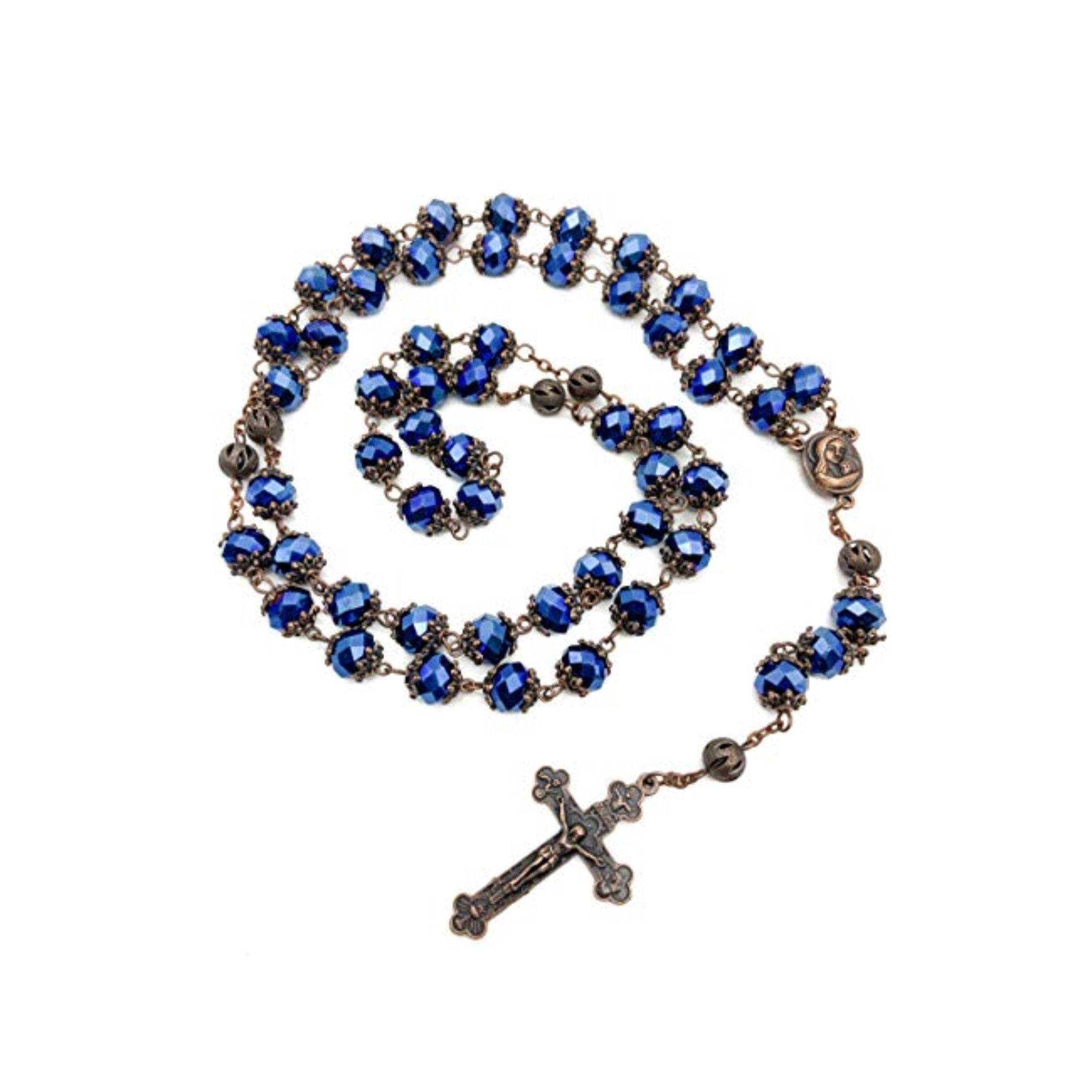 Men’s Deep Blue Crystal Rosary Necklace with Holy Soil Medal & Crucifix- Nazareth Store