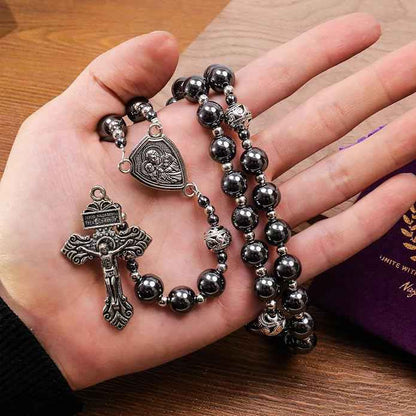 Black Stone Hematite Rosary Necklace Metal Beaded with Saint Joseph Medal & Cross-Nazareth Store 