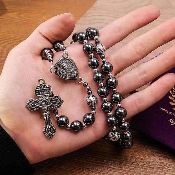Black Stone Hematite Rosary Necklace Metal Beaded with Saint Joseph Medal & Cross-Nazareth Store 