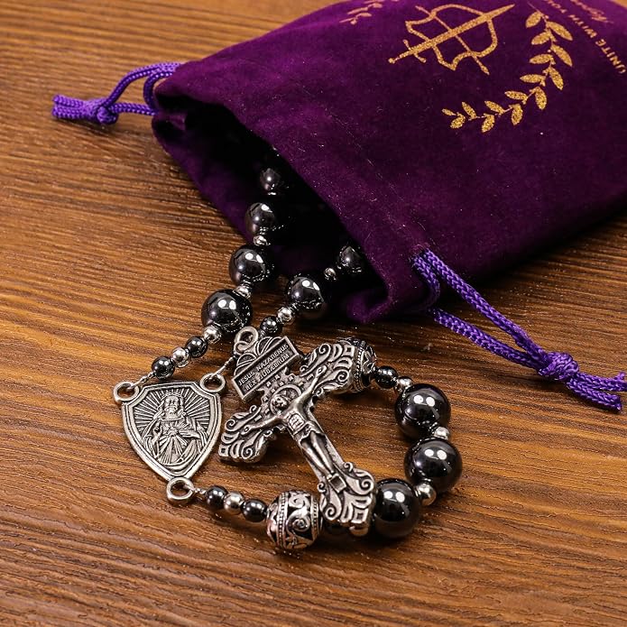 Black Stone Hematite Rosary Necklace Metal Beaded with Our Father Medal & Cross - Nazareth Store 