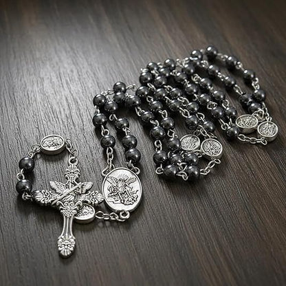 Hematite Rosary Necklace with Silver Archangel Medal & St. Michael Cross - Nazareth Store