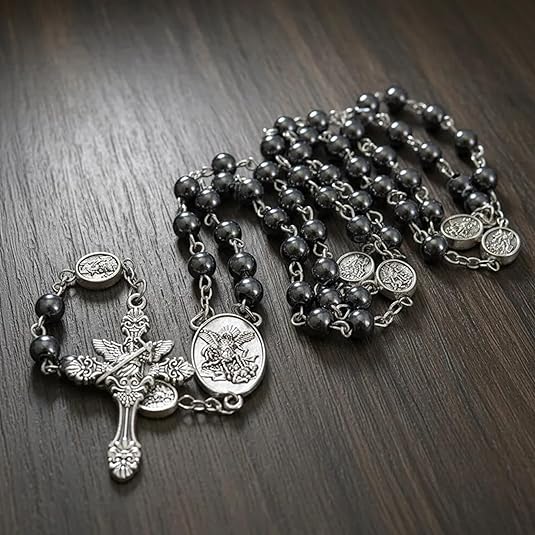 Hematite Rosary Necklace with Silver Archangel Medal & St. Michael Cross - Nazareth Store