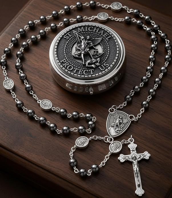 Hematite Rosary Necklace Silver-Plated St. Michael Archangel Medal & Crucifix with Metal Box - Nazareth Store