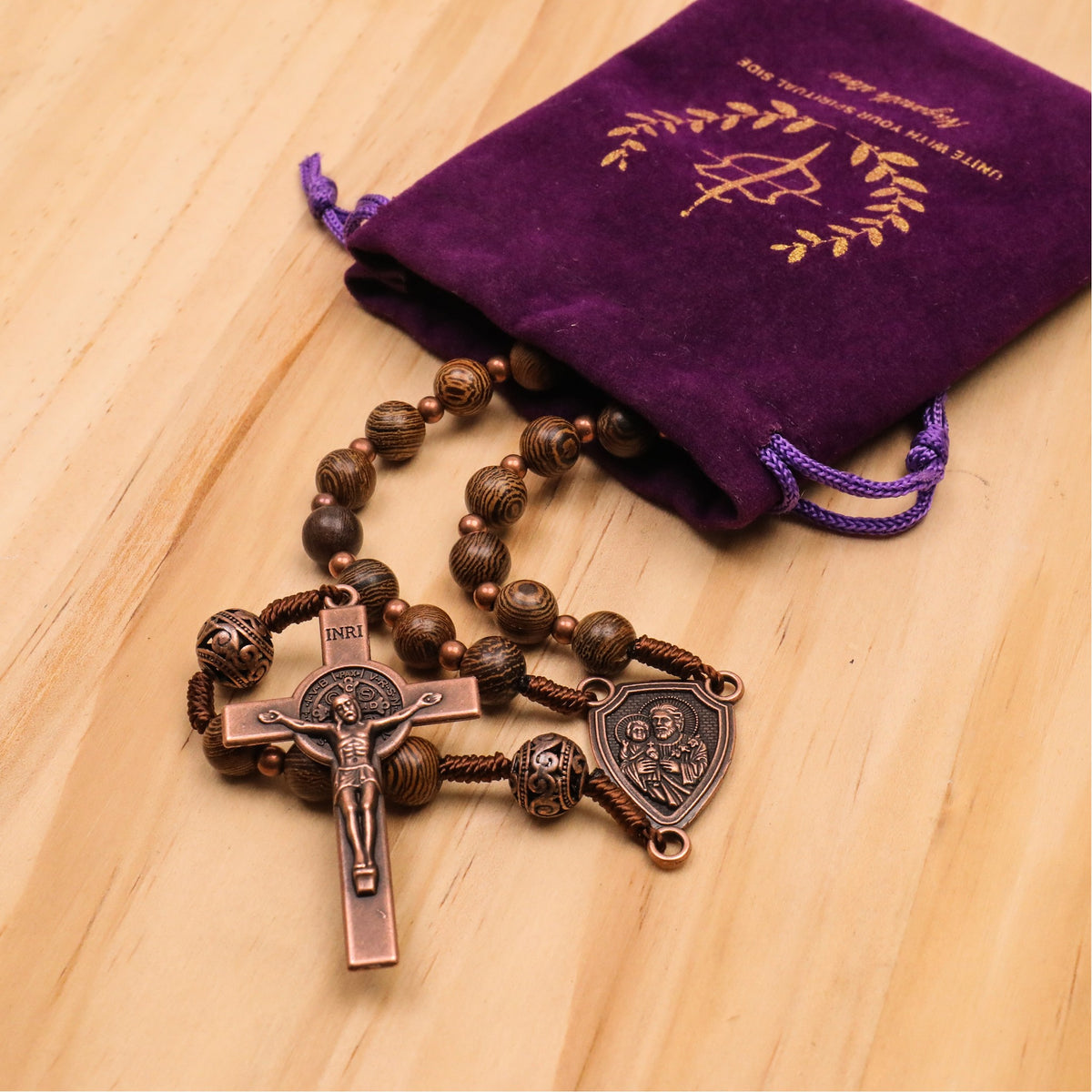 Olive Wood Rosary Necklace Metal Glory Beads with St. Joseph Medal & Cross Crucifix