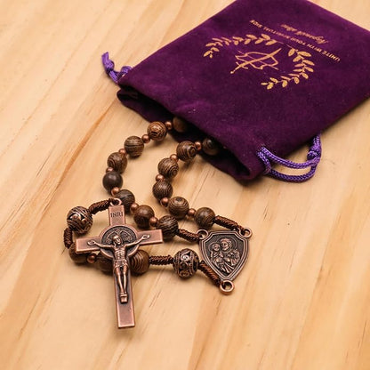 Olive Wood Rosary Necklace Metal Glory Beads with St. Joseph Medal & Cross Crucifix - Nazareth Store 