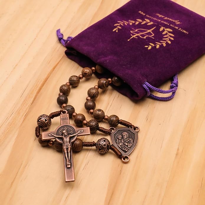 Olive Wood Rosary Necklace Metal Glory Beads with St. Joseph Medal & Cross Crucifix - Nazareth Store 