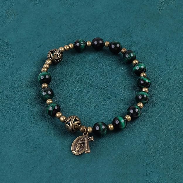 Green Tiger Eye Rosary Bracelet with Metal Separators Miraculous Medal and Cross Nazareth Store