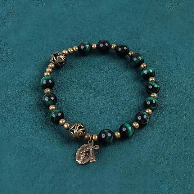 Green Tiger Eye Rosary Bracelet with Metal Separators Miraculous Medal and Cross - Nazareth Store