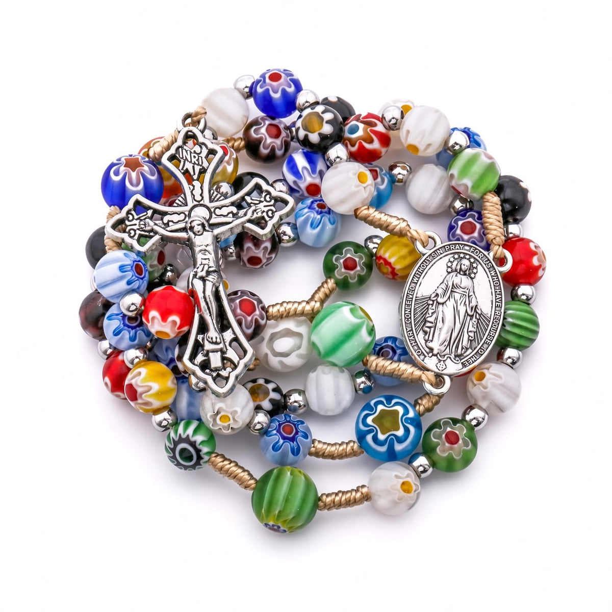 Millefiori Glass Catholic Rosary Miraculous Medal