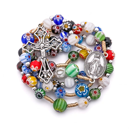 Millefiori Glass Catholic Rosary Miraculous Medal