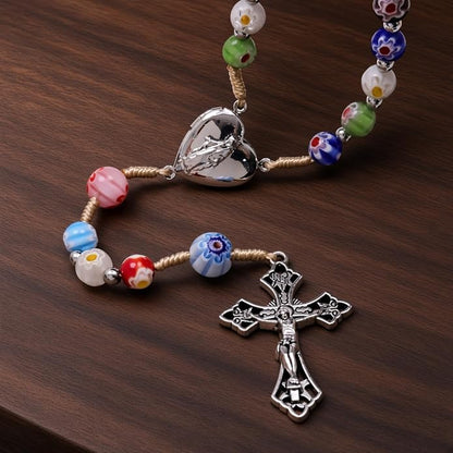 Colorful Murano Millefiori Glass Catholic Rosary Our Lady of Grace Locket Medal & Cross - Nazareth Store