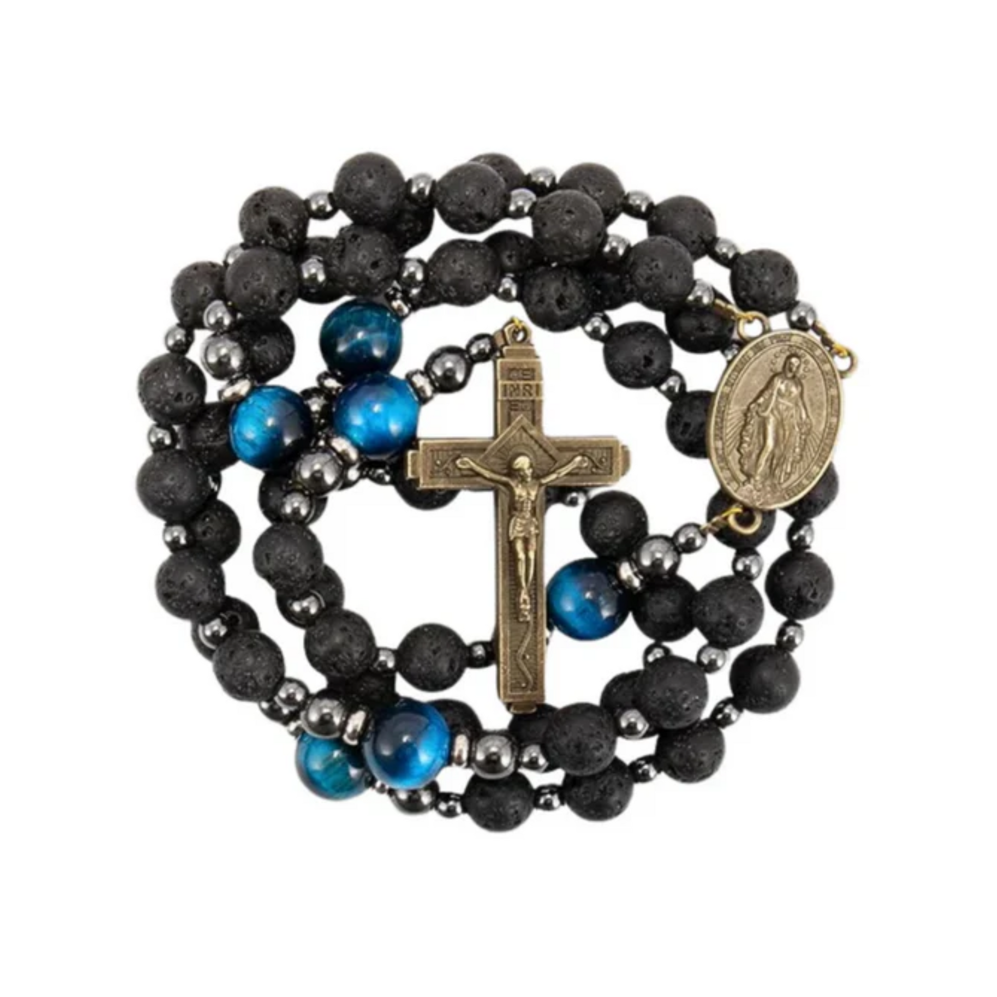 Miraculous Black Lava Stone Beads with Blue Tiger Eye Beads Rosary Necklace for Men's Nazareth Store