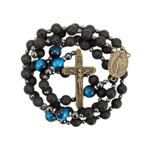 Miraculous Black Lava Stone Beads with Blue Tiger Eye Beads Rosary Necklace for Men's - Nazareth Store