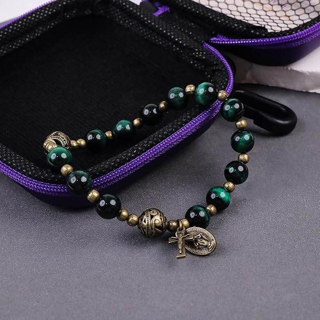 Green Tiger Eye Rosary Bracelet with Metal Separators Miraculous Medal and Cross - Nazareth Store