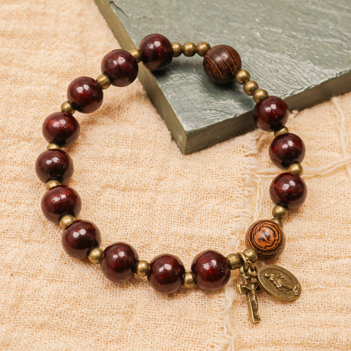 Dark Brown Wooden Bead Rosary Bracelet with Antique Bronze Miraculous Medal & Cossr