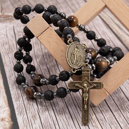 Black Lava Stone Rosary with Yellow Tiger Eye Miraculous Medal & Cross Necklace for Men's - Nazareth Store