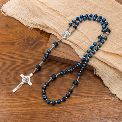 Blue Crystal Rosary Necklace with Tiger Eye Mystery Beads Silver-Plated Miraculous Medal & INRI Crucifix Handmade Catholic Prayer Beads Gift 
