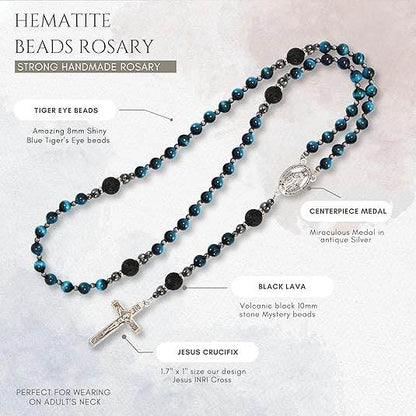 Men's Blue Tiger Eye Rosary with Lava Beads Miraculous Medal & Cross Rosary Necklace - Nazareth Store