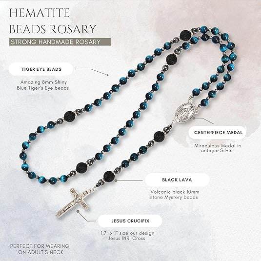 Men's Blue Tiger Eye Rosary with Lava Beads Miraculous Medal & Cross Rosary Necklace - Nazareth Store