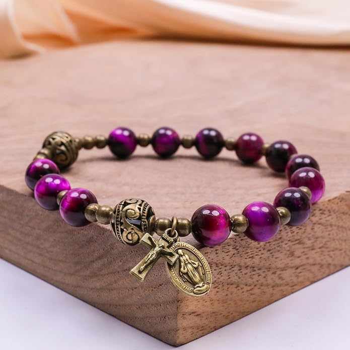 Purple Tiger Eye Rosary Bracelet Metal Separators with Miraculous Medal & Cross Wrist Jewelry - Nazareth Store