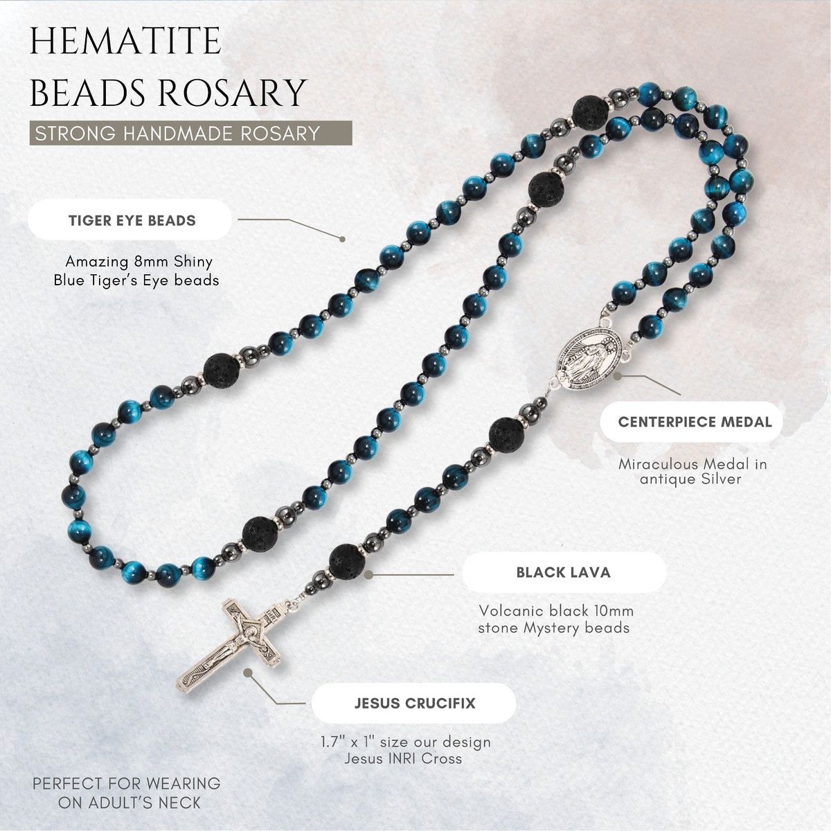 Men's Blue Tiger Eye Rosary with Lava Beads Miraculous Medal & Cross Rosary Necklace - Nazareth Store