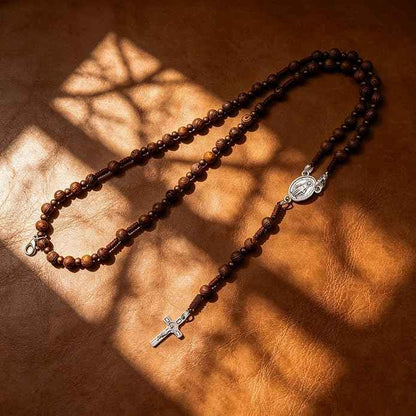 Olive Wooden Rosary Bracelet Necklace with Miraculous Medal & Crucifix Cross Wearable Religious Gift