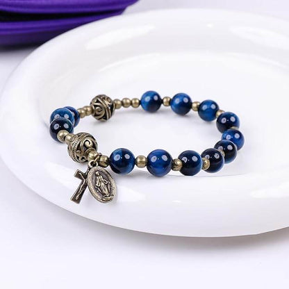 Blue Tiger Eye Rosary Bracelet with Metal Separators Miraculous Medal and Cross - Nazareth Store