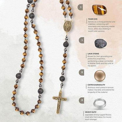 Brown Tiger Eye Catholic Rosary with Miraculous Medal & Cross Necklace for Men's - Nazareth Store