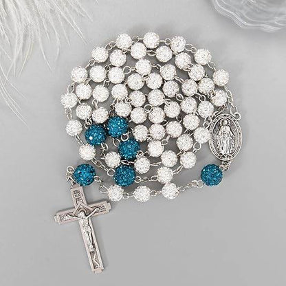 White with Blue Beads Rhinestones Crystal Beads Rosary Necklace - Nazareth Store