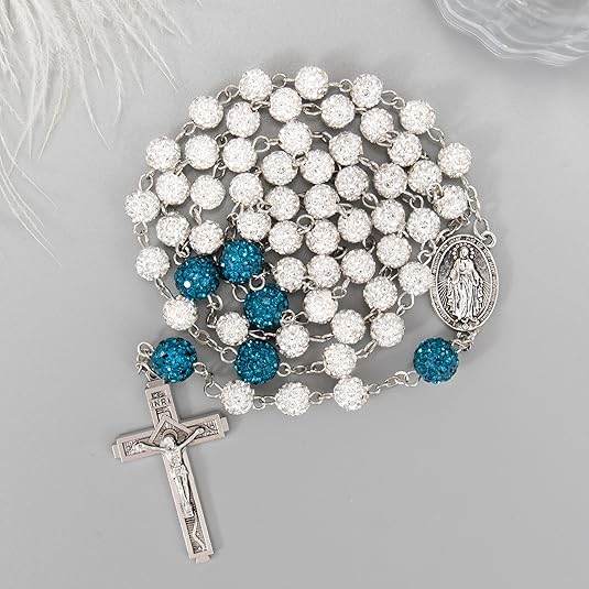 White with Blue Beads Rhinestones Crystal Beads Rosary Necklace - Nazareth Store