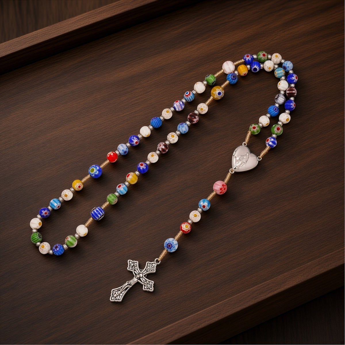 Colorful Murano Millefiori Glass Catholic Rosary Our Lady of Grace Locket Medal & Cross - Nazareth Store