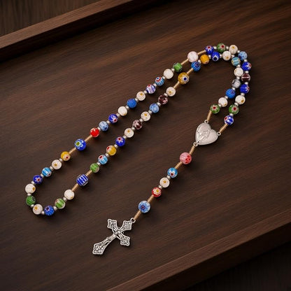 Colorful Murano Millefiori Glass Catholic Rosary Our Lady of Grace Locket Medal & Cross - Nazareth Store