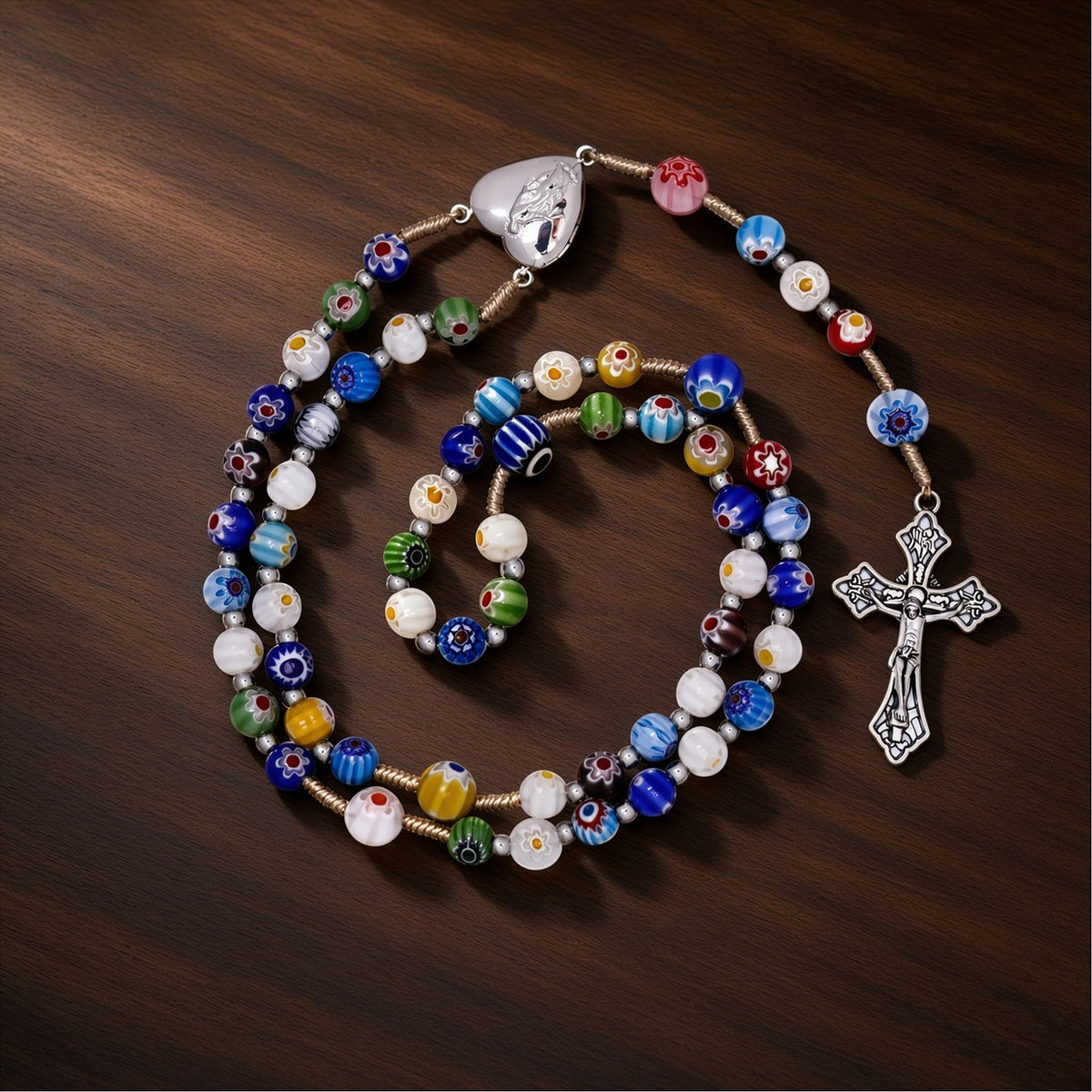 Colorful Murano Millefiori Glass Catholic Rosary Our Lady of Grace Locket Medal & Cross - Nazareth Store